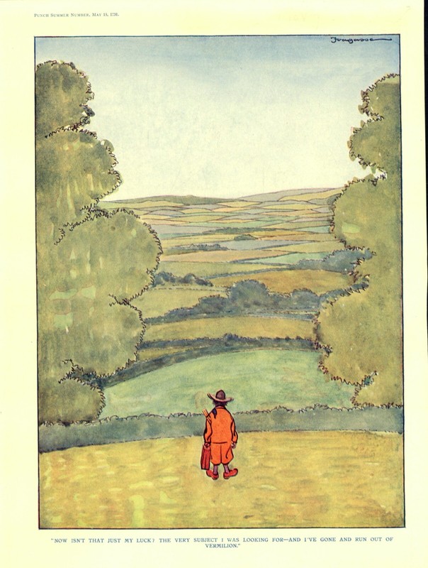 VINTAGE 1931 ARTIST HUMOR CARTOON – LANDSCAPE PAINTER – OUT OF VERMILION PAINT