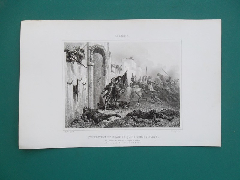 ALGIERS Attacked by Charles V. Army Knights of Malta at Gate - 1844 Print