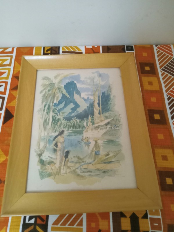 Vintage Tahiti Louis Macouillard Framed Water Color Blonde Wood Frame Tropical