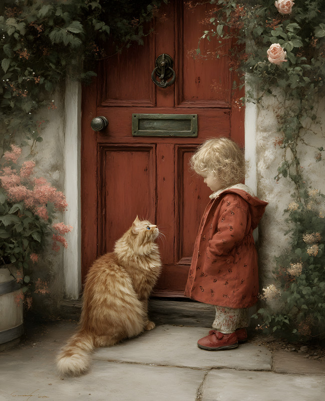 8×10 Little Girl and a Cat Outdoors Art Print – 502052121