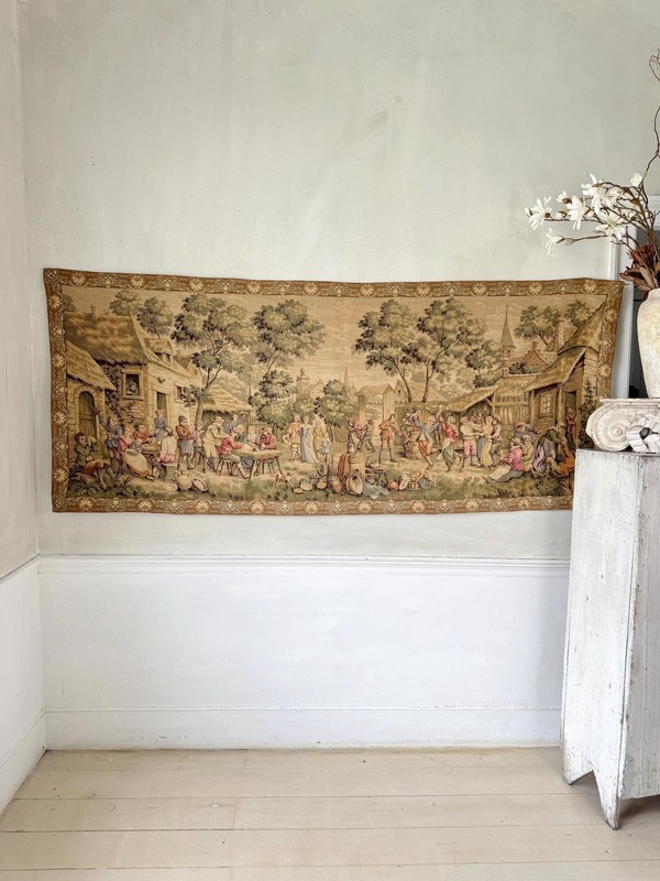 85x35 Antique French Tapestry Medieval Village Celebration Scene Verdure Landsc gallery