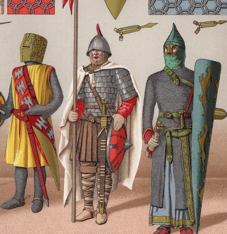 MEDIEVAL INFANTRY & SHIELD PATTERNS – Chainmail & Heraldry – 1876 Antique Print