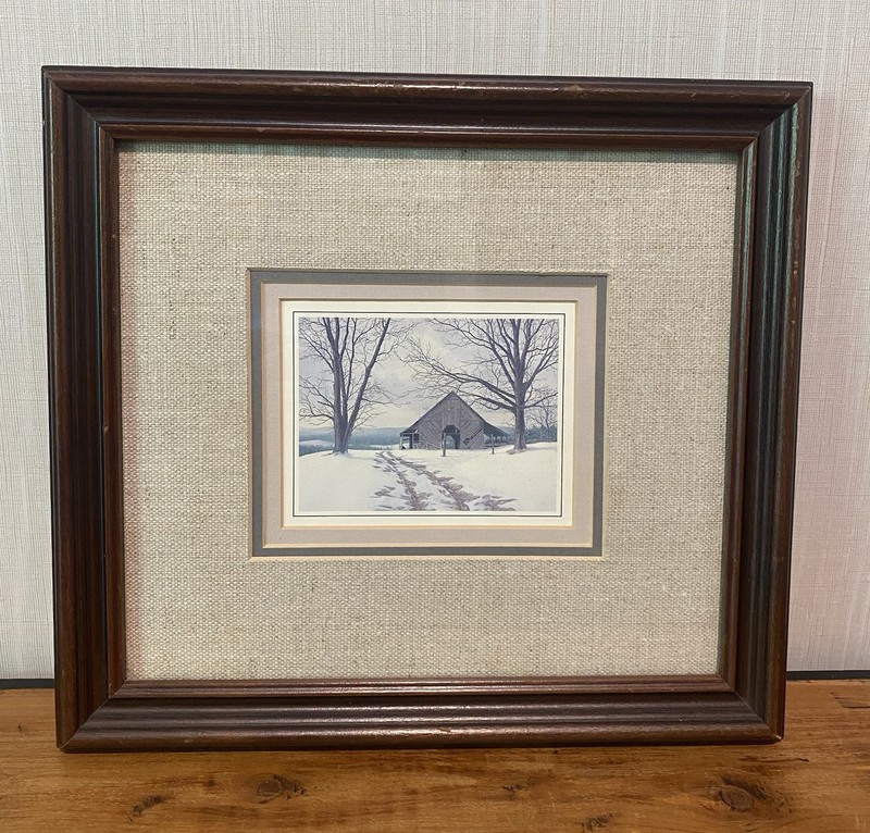 Wooden Framed Matted Print Country Barn Snow Scene 11×10