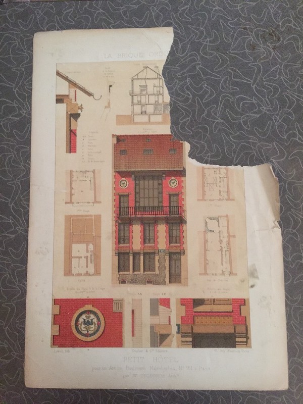 c.1890’s Architectural Petit Hotel Chromolithograph La Brique Ordinaire France