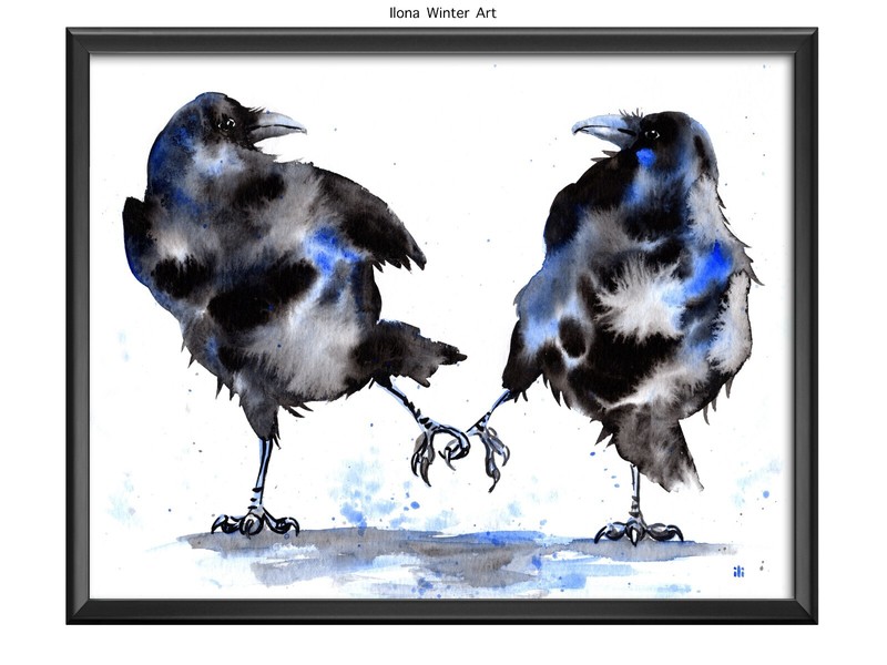 Personalised Watercolor Two Crows «Pinky Promise» Painting Print by Ilona Winter