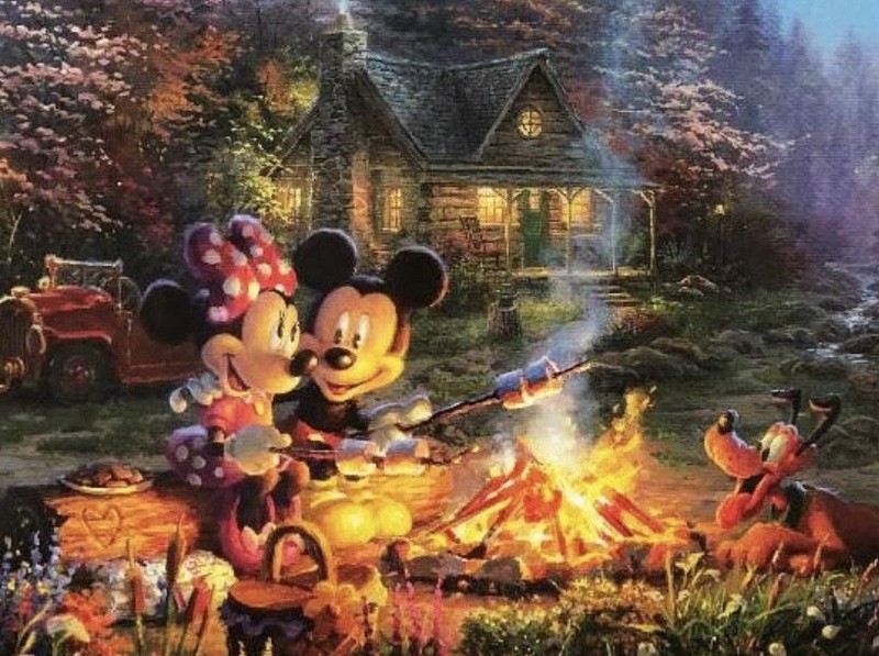 Thomas Kinkade "Mickey & Minnie Sweetheart Campfire" Custom Framed Art gallery