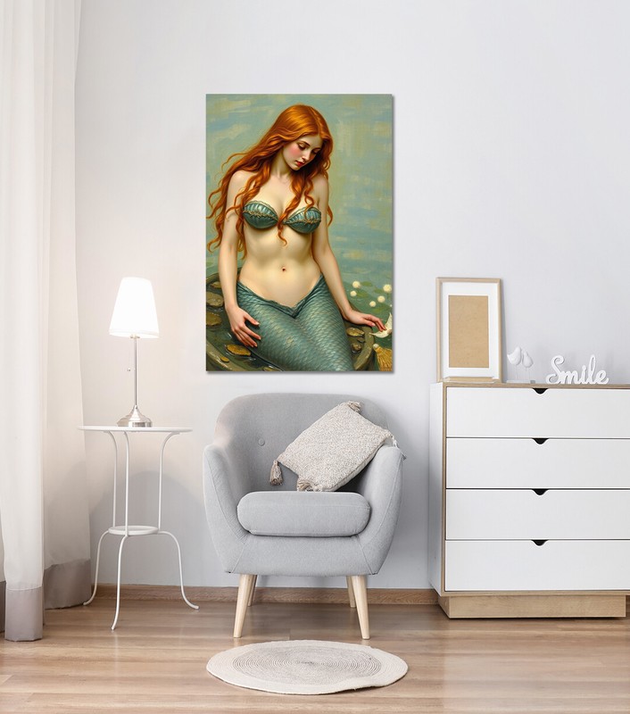 Beautiful illustration of Red hair mermaid art mounted canvas print gallery