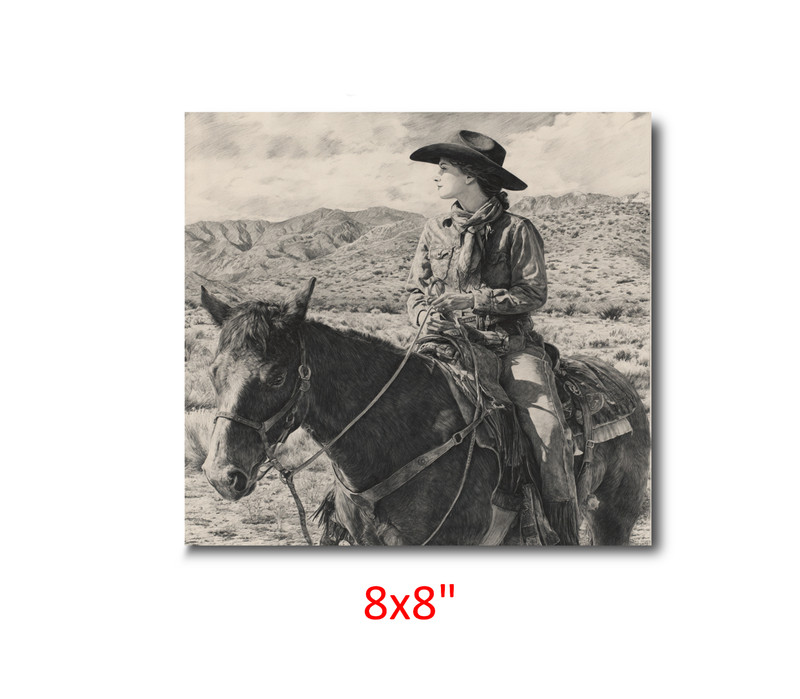 Cowgirl pencil drawing Vintage Western Unframed Nostalgia Art Print 8×8″