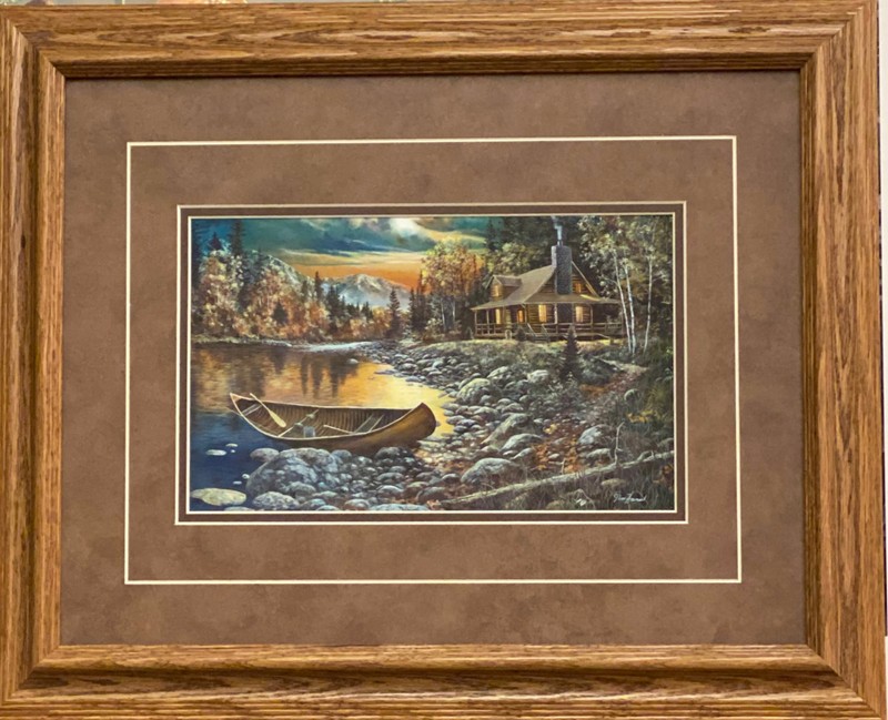 Jim Hansel «High Country Retreat Cabin Lake Framed Print 21″ x 17»