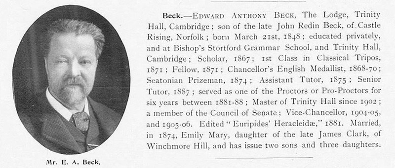 Edward Anthony Beck of The Lodge, Trinity Hall Cambridge – Antique Print 1912
