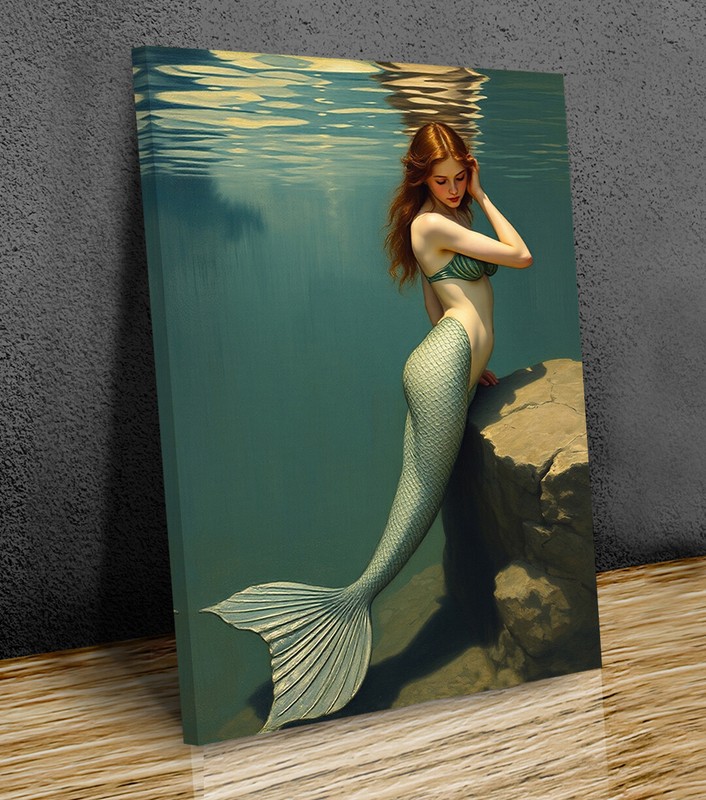 Beautiful Mermaid Red Hair and Reflections art mounted canvas print
