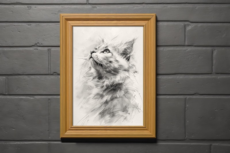 Curious Cat Drawing 12"x8" Print on Matte Paper | Ink and Pencil Artwork gallery