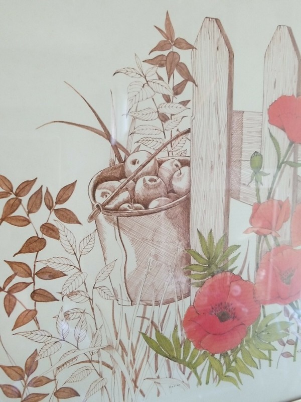 VTG Frank Massa Red Poppies Apples Cottage Core Yard Painting Print Signed gallery