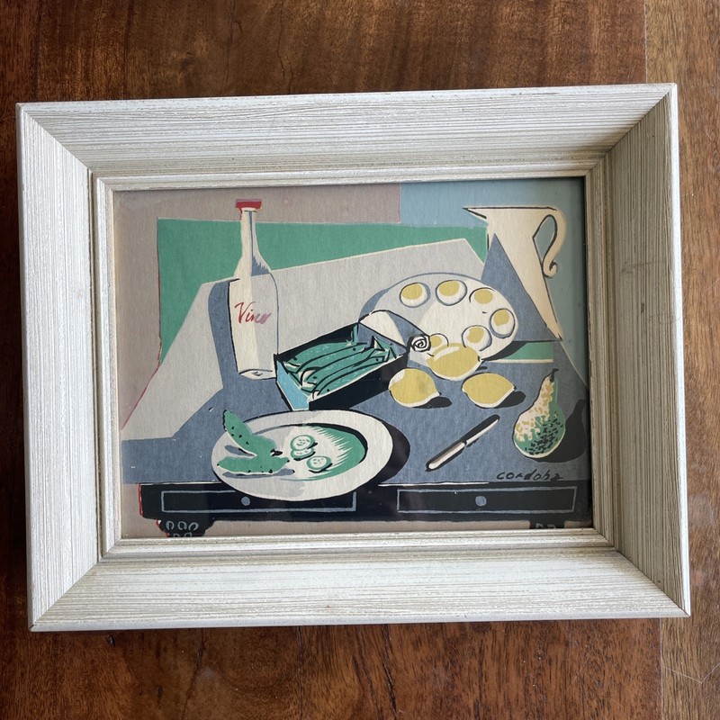 Vintage 50s/60s MCM Synthetic Cubist Still Life Table Top Print Signed CORDOBA