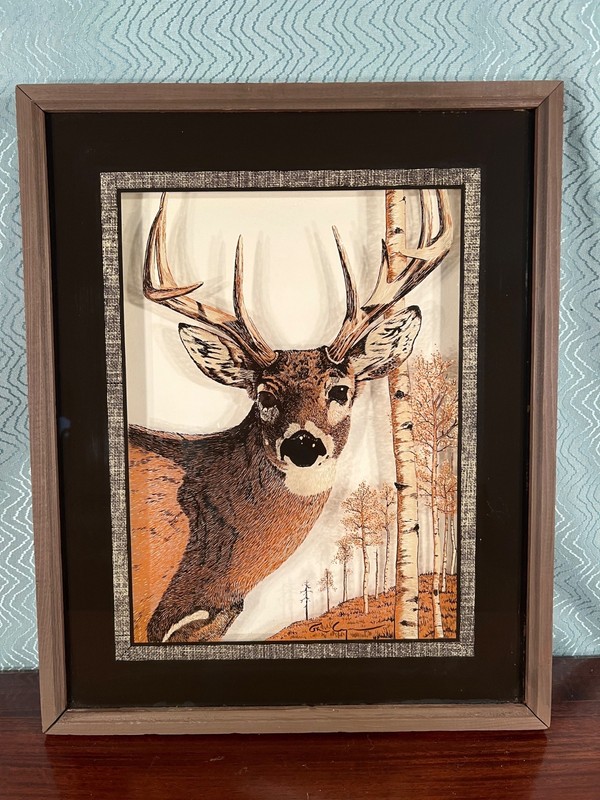 VTG Deer Art Reverse Painting on Glass Tom Cryer Outside dimensions 21″x17″