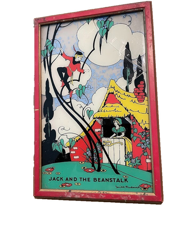 Vtg ART JACK BEANSTALK Reverse Painted Glass Lithograph Fairy Tale Framed