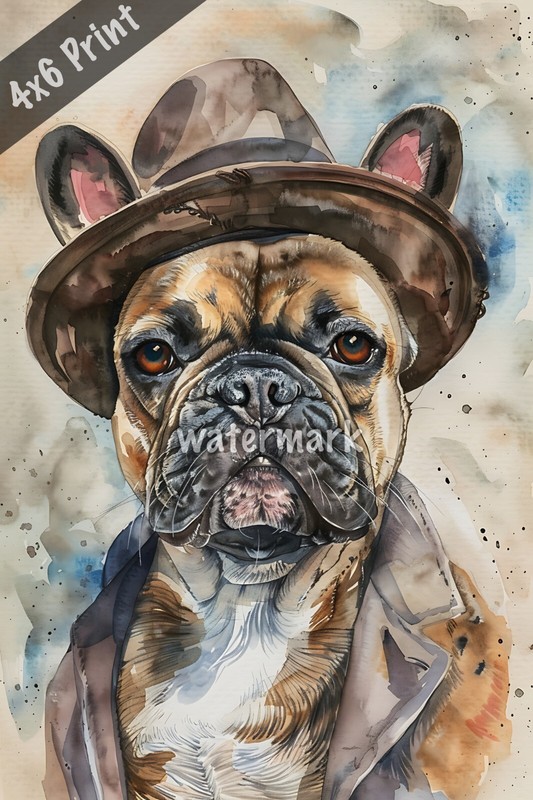 Dog French Bulldog in a detectives hat watercolor Art 4x6 Print