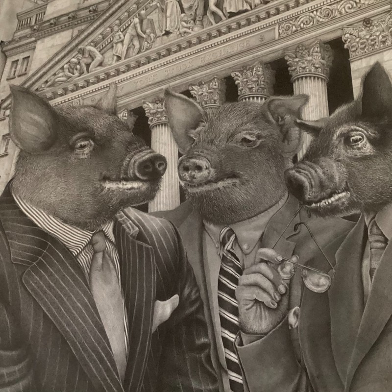Poster Print Satirical Pigs in Suits Wall Street NY B & W Highly Detailed gallery