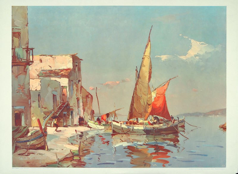 REINHOLD BARTSCH Rare Vtg c1940s-50s Large Collotype Litho IN THE GULF OF NAPLES