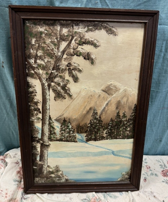 VTG Mountains Snow Covered Forest Landscape Oil On Board Total Sz 14” X 20 5/8”