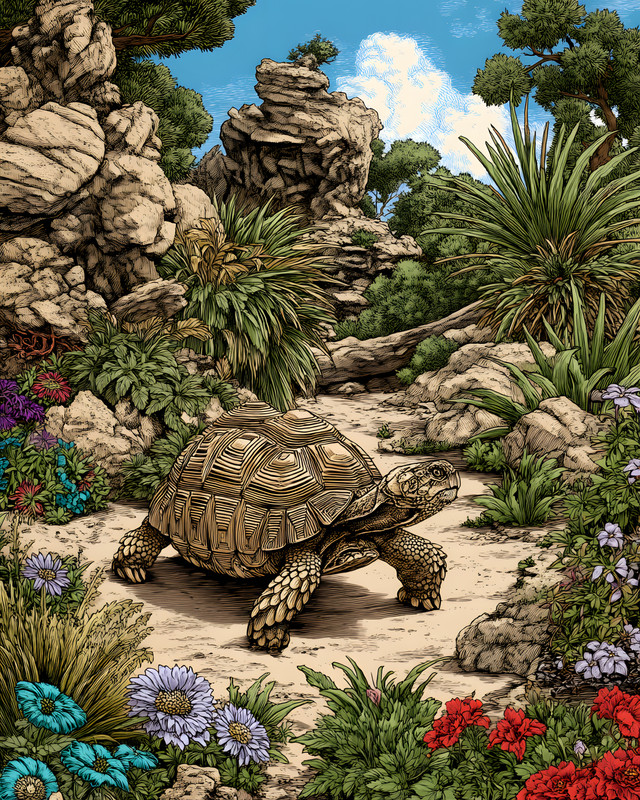 8×10 Desert Tortoise in Rocky Flower Garden Art Print – 477743591