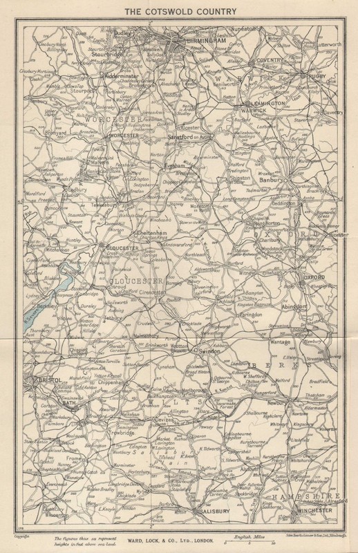 THE COTSWOLDS Gloucester Cheltenham Oxford Bath Cirencester. WARD LOCK 1945 map