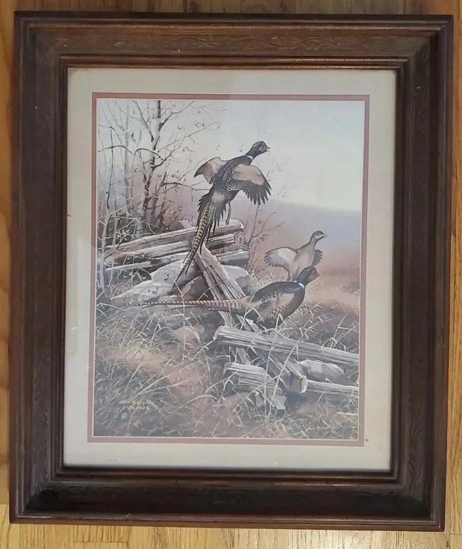 Gregory F Messier Signed Litho Print Pheasants In Flight Fancy Wood Frame 18×21″