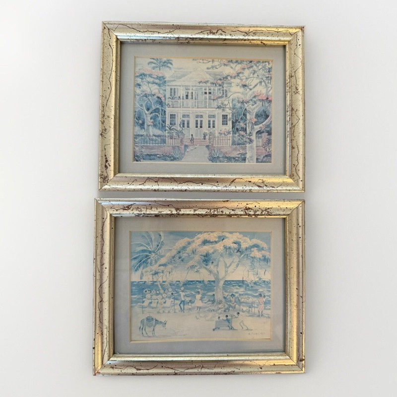 VTG E. Foster Framed Watercolors Set Of 2 Beach Children House 1983 1987 Blue