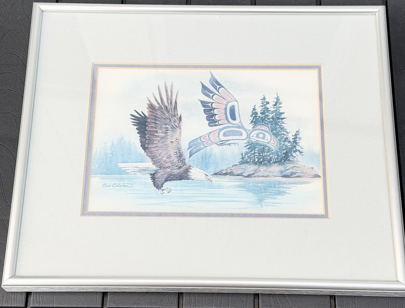 FLYING EAGLE Sue Coleman 9×6 Print Vtg Framed Signed Watercolor NW Coast