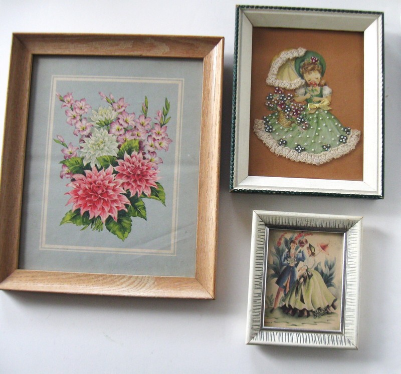 VTG SET of 3 Framed prints, Botanical, beaded greeting card, Victorian couple gallery