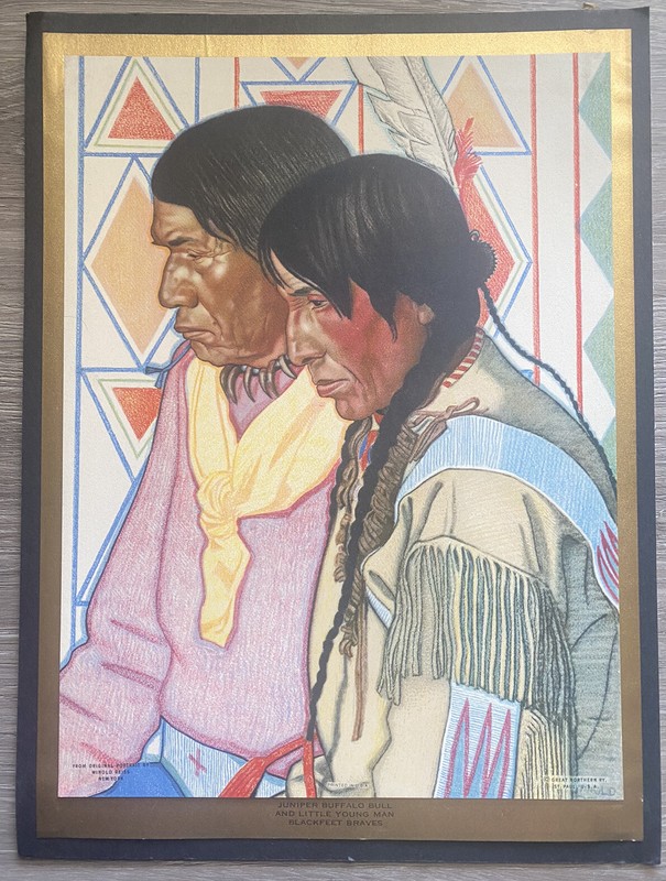 Vintage Great Northern Calendar Print ~ Juniper Buffalo Bull Blackfeet Braves