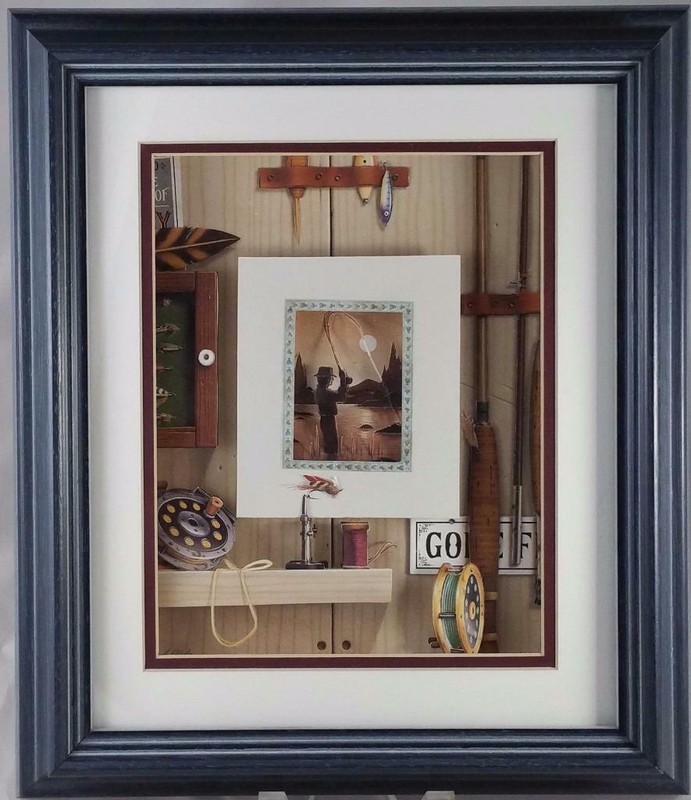Paper Tole Fishing Nostalgia Alan Metz Framed Shadowbox 3D Picture Art