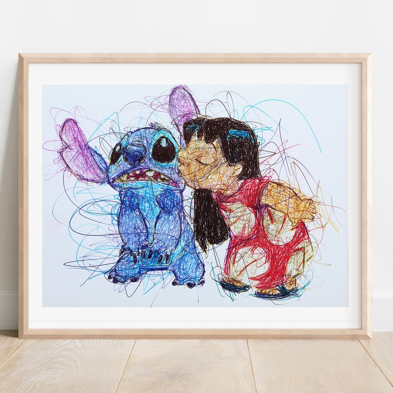 Lilo and Stitch Ballpoint Pen Print, Movie Art Poster