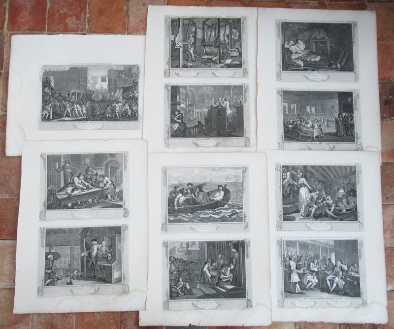 Eleven (of 12) original antique prints by William Hogarth, Industry and Idleness