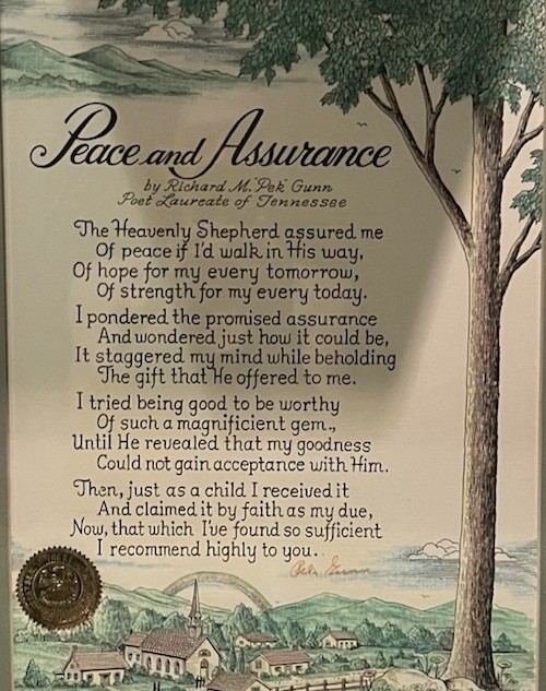 VTG Framed Art Peace and Assurance Richard M. Pek Gunn Poet Laureate Tennessee ￼
