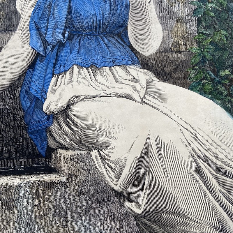 19th Century Antique Victorian Engraving Print Lady Sitting By The Water Lion gallery