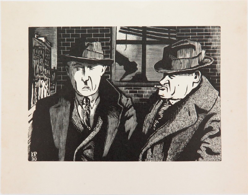 .Scarce 1930 Karl Rossing Propaganda Wood Engraving “Detectives"