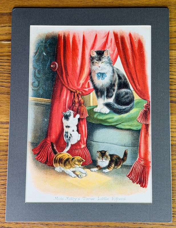 VTG CAT KITTENS ART PRINT MISS MITTY’S THREE LITTLE KITTENS from book Framed