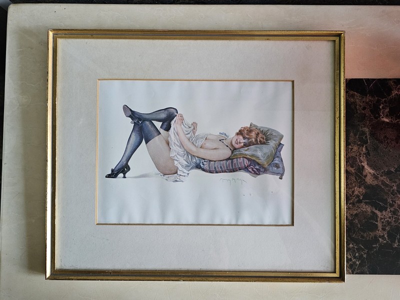 Art Deco Maurice Milliere ‘You Dare Look’ Art Print Framed French Artist