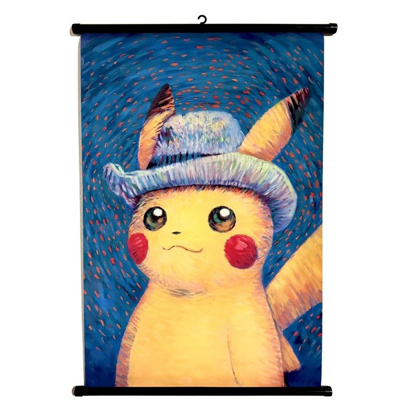 Pokémon Poster Van Gogh Pikachu Grey Felt Hat 085 Canvas Wall Art + Hanger