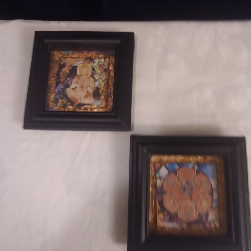 2 Small Buddha Art Pictures In Black Shadow Box Frames 6"x6" Copper Multicolored gallery