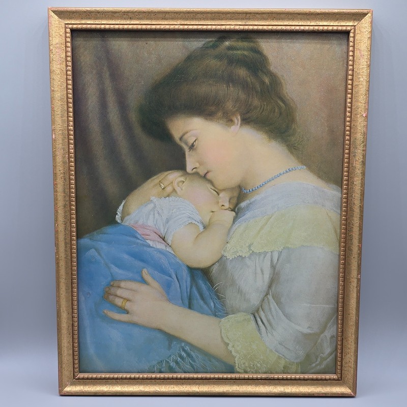 Circa 1890 Framed "Mother & Child" Art Print, 13.5" x 10.5" - Please Read