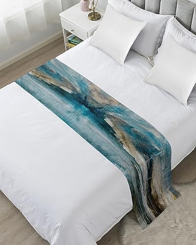 Abstract Mottled Turquoise Green Gray Art Bed Runners for Queen Blue Gray