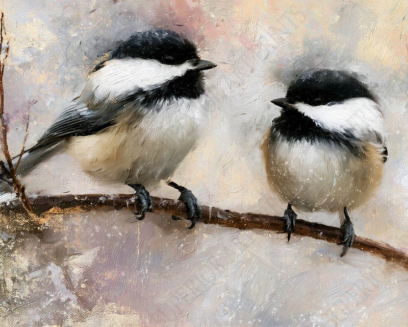 Chickadees Art Print - Birds on a Winter Branch Painting Poster Wall Decor