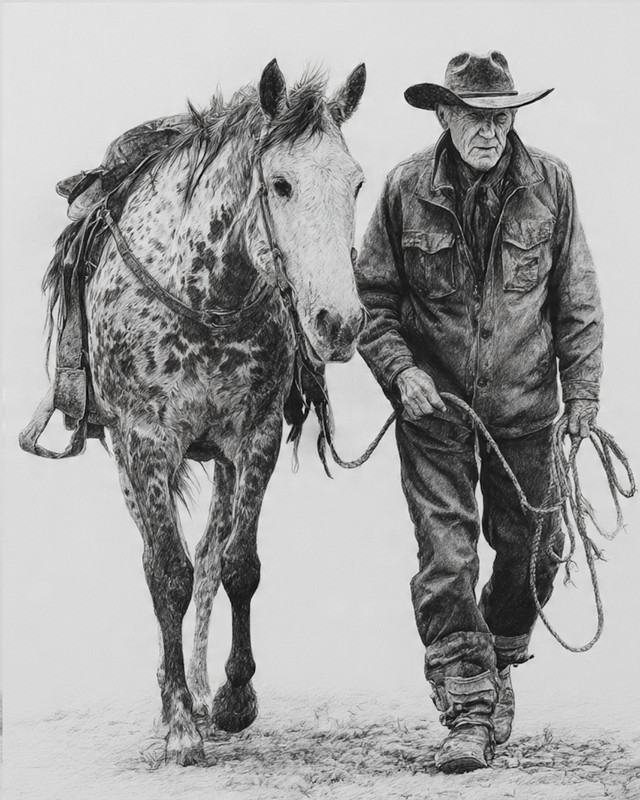 old cowboy leading horse Print Western Wall Art Vintage Horse Sketch farmhouse 4