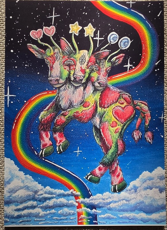 5×7 Art Print Cosmic 3 Headed Cow Outer Space Sky Rainbow