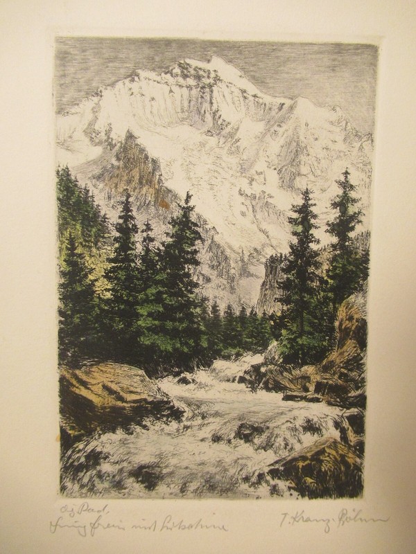 Vintage Art Print Nature Scene Mountains Tree and River Signed gallery