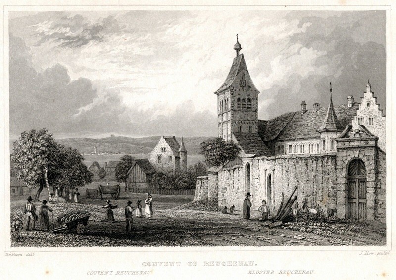 1840 Original Antique Steel Engraving CONVENT REUCHENAU Abbey medieval Germany
