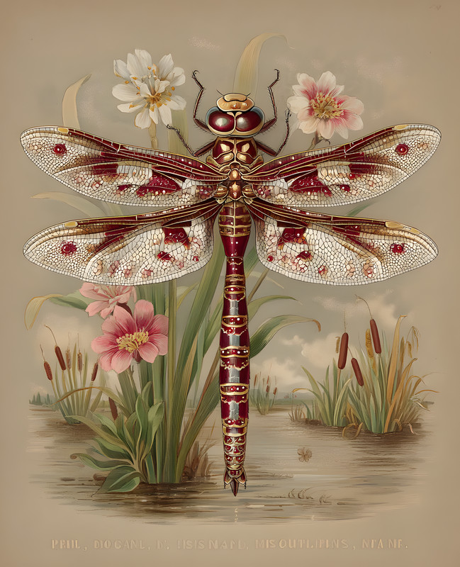 8×10 Red Dragonfly Flowers Art Print – 861563478