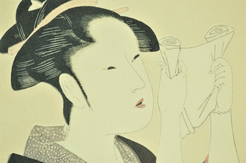 Vintage Ukiyo-E woodblock print on thin paper, Kitagawa Utamaro gallery